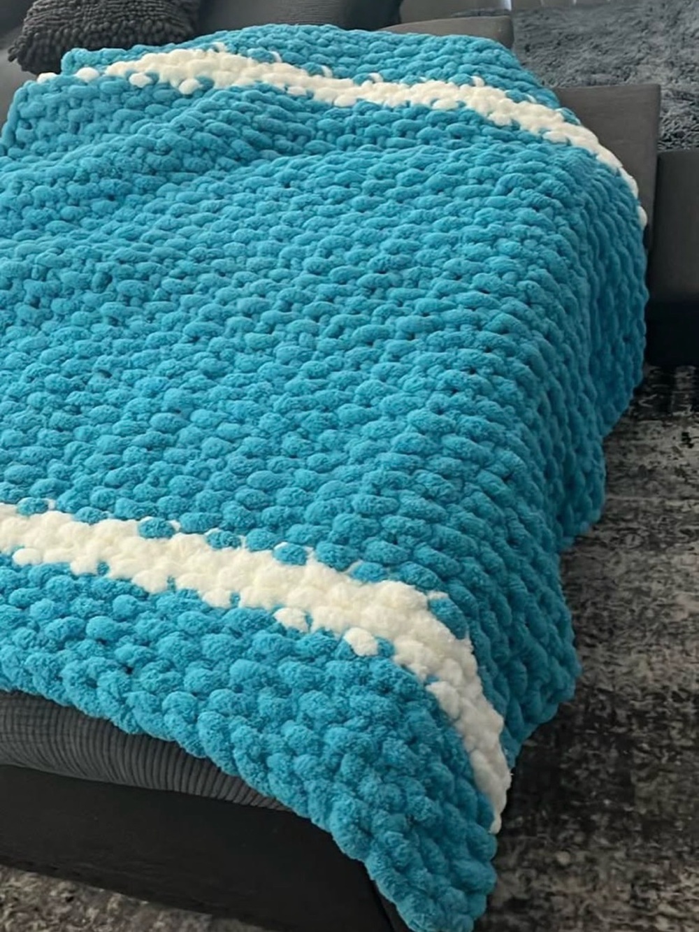 Plush Chunky Knit Throw Blanket - Turquoise with Cream Stripe